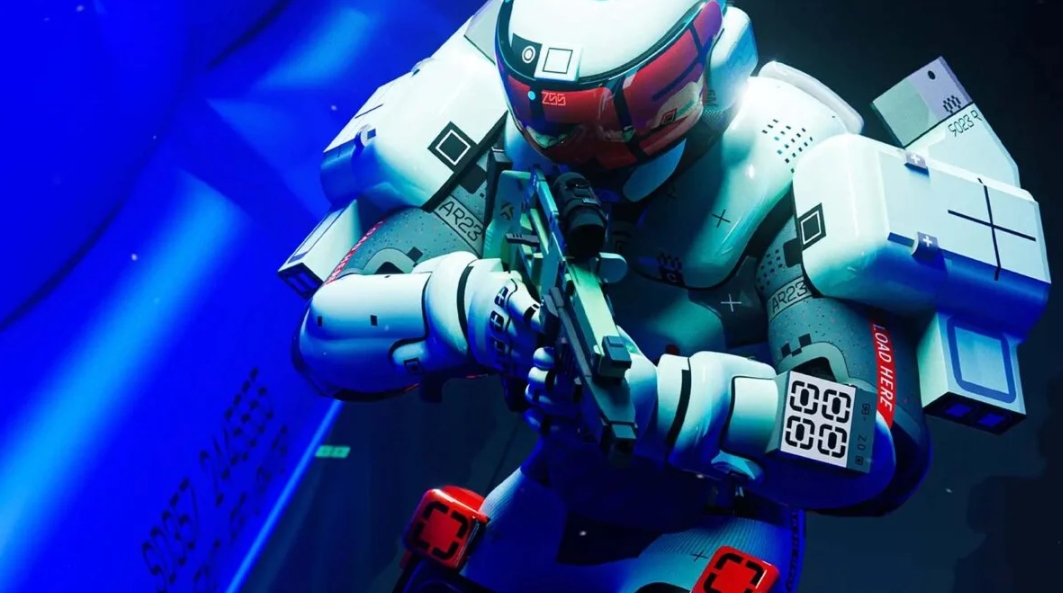 armored futuristic soldier aiming weapon in Marathon