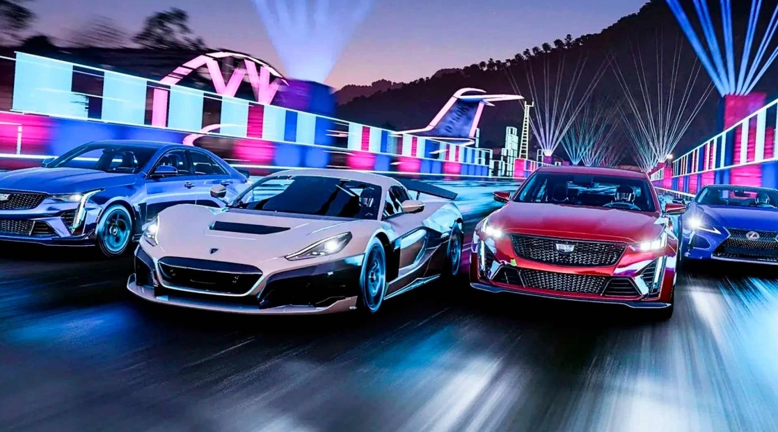 hypercars and performance sedans racing through the neon festival atmosphere in Forza Horizon 6 Japan