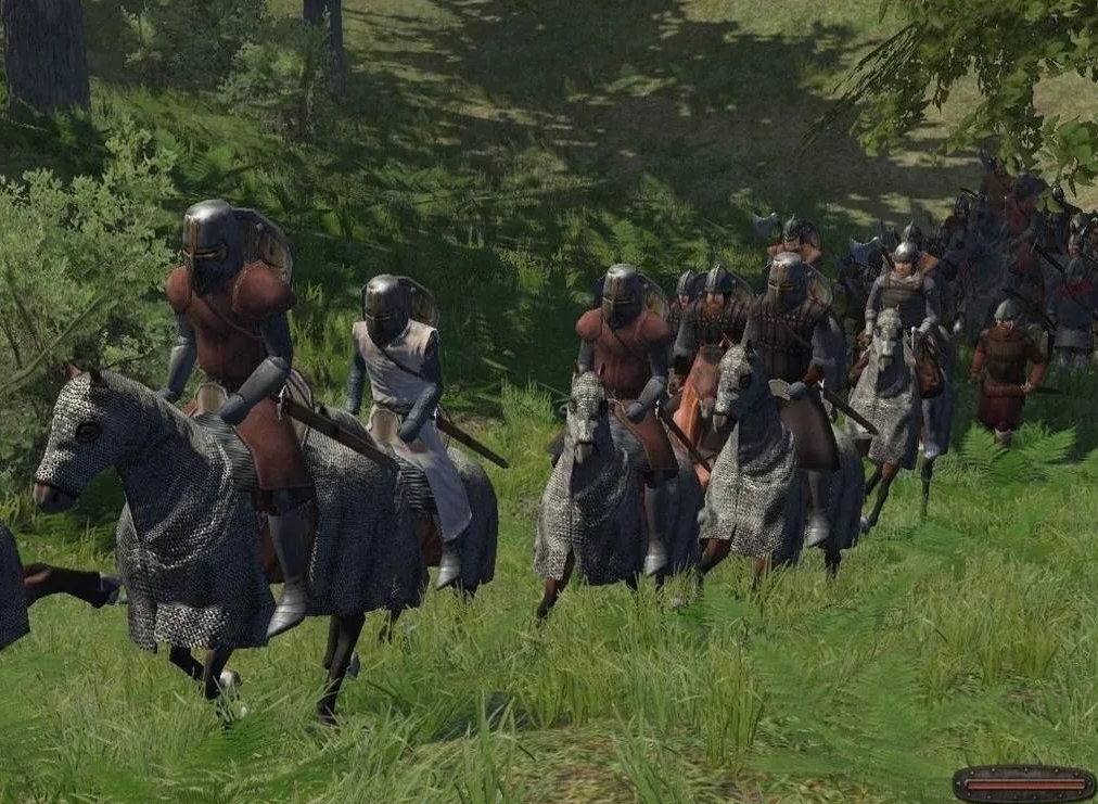 mounted knights riding through forest in Mount and Blade Warband