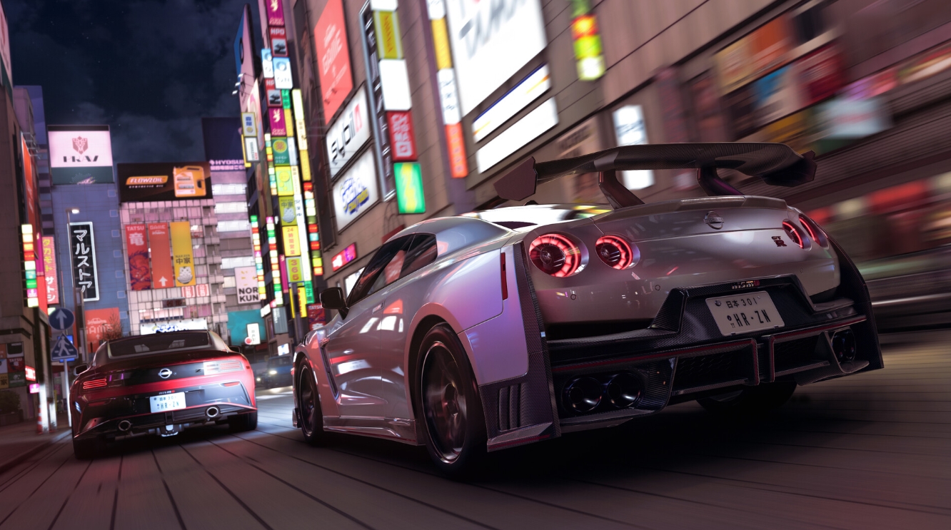 A Nissan GT-R races through neon-lit city streets at night in Forza Horizon 6