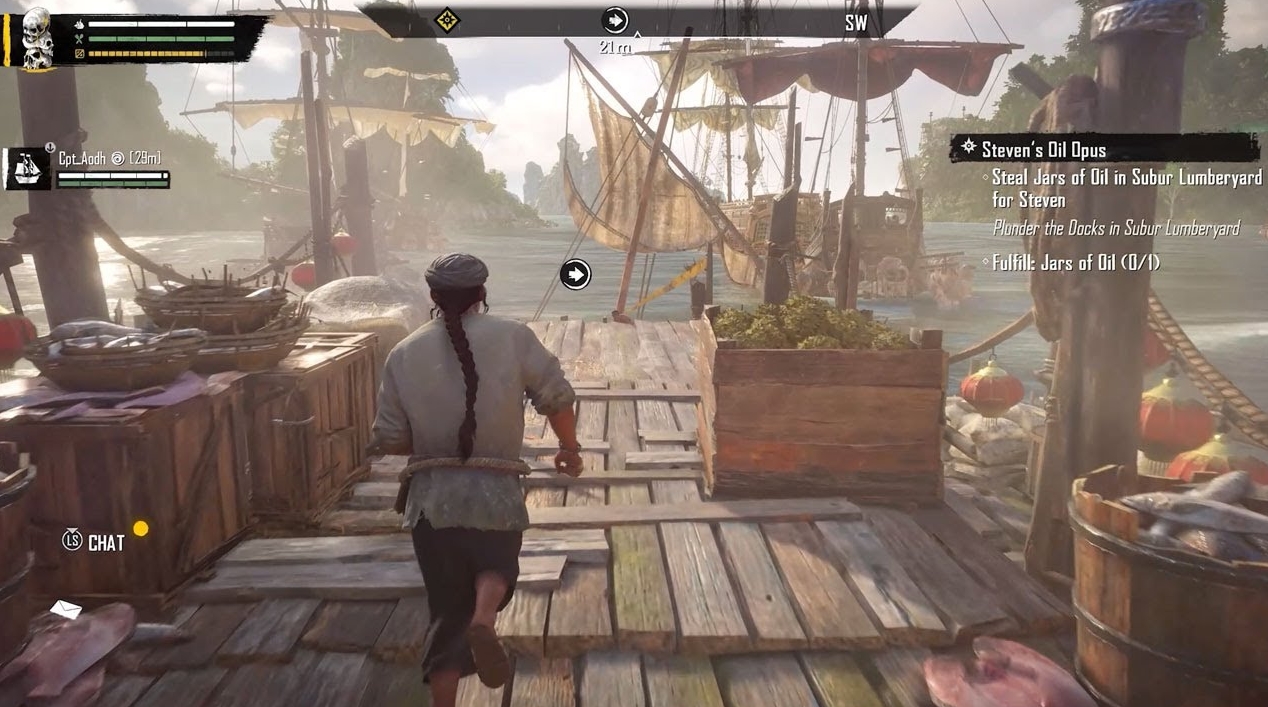 A pirate explores a harbor in Skull and Bones while completing a mission among docked ships and wooden piers