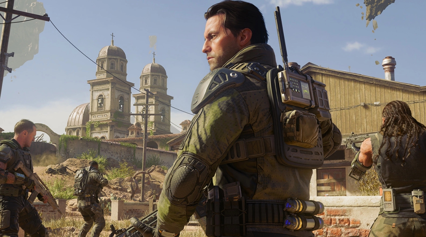 A squad of soldiers prepares for a mission in Call of Duty: Black Ops 2 with a damaged city in the background