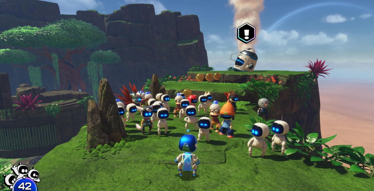 Astro Bot and a God of War-inspired character travel by boat through tropical islands in Astro Bot