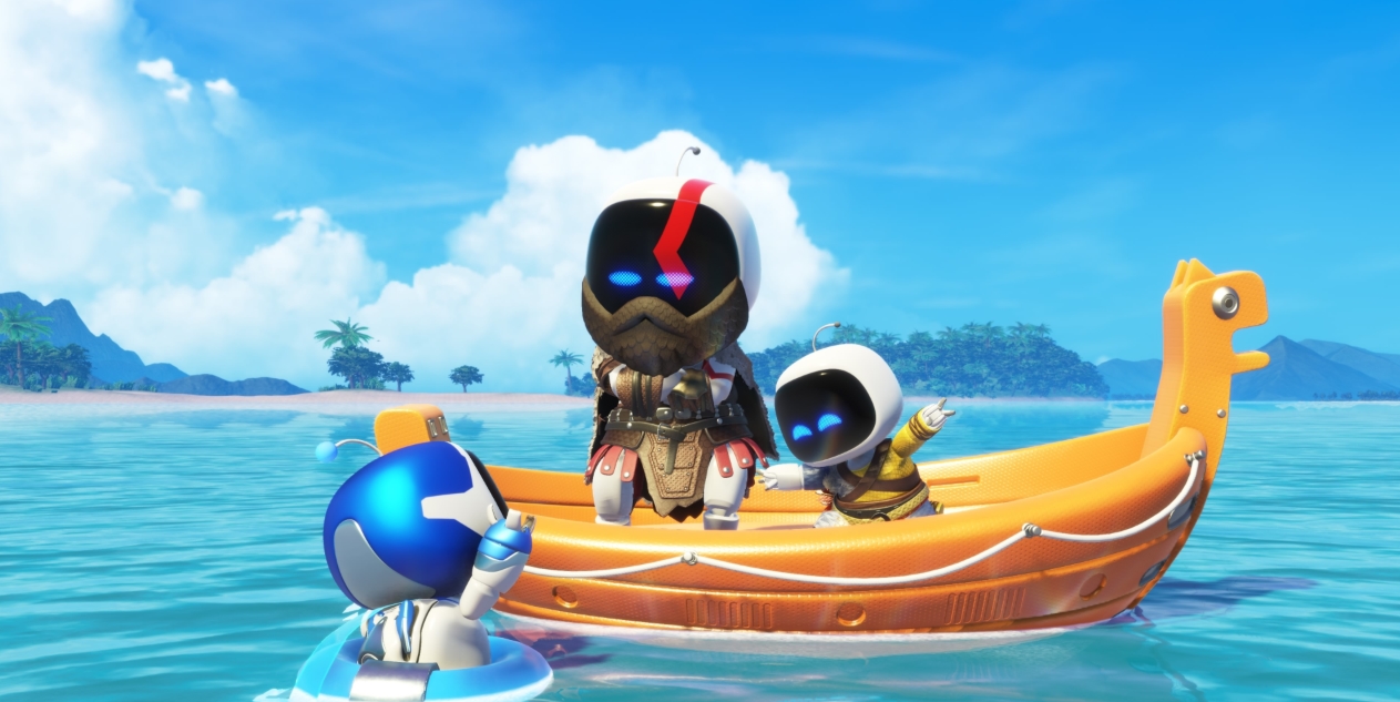 Astro Bot jumps across icy platforms in one of the levels from Astro Bot on PlayStation 5