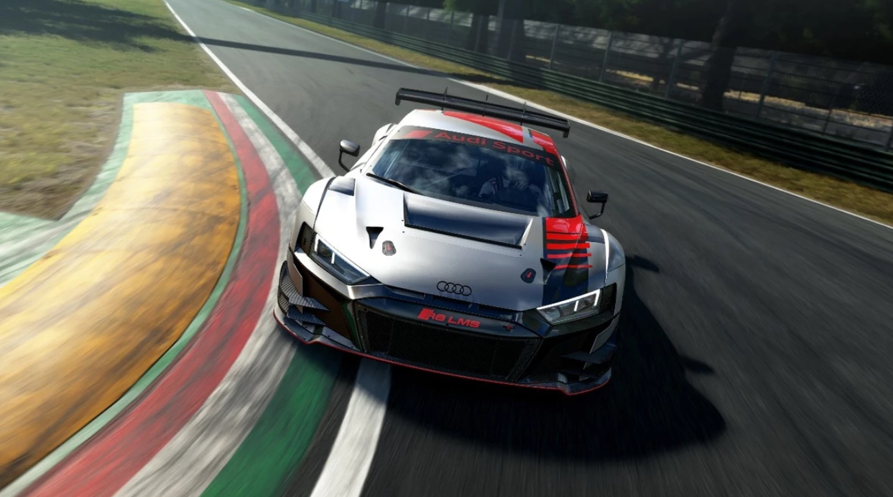Audi R8 LMS GT3 Evo II taking a high-speed corner on a racing circuit in Assetto Corsa EVO