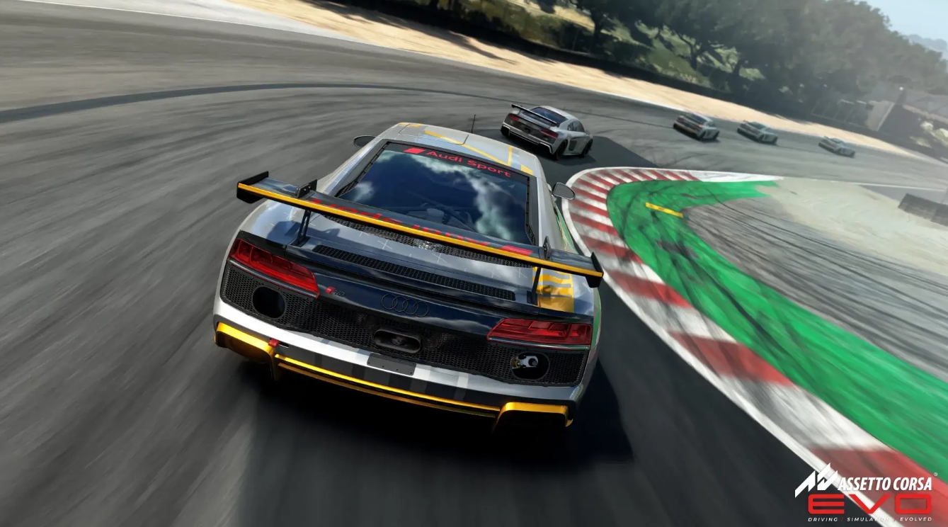 Audi race cars battling for position on track in Assetto Corsa EVO after the 0.7 update release
