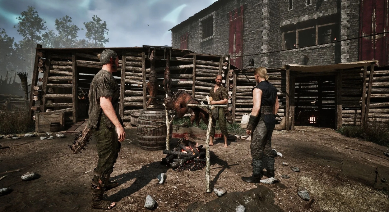 Camp scene in Gothic 1 Remake with characters around a campfire and medieval wooden structures