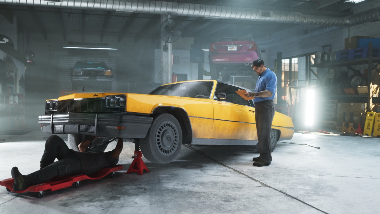 Custom garage in GTA 6 where mechanics work on a classic yellow car and perform vehicle upgrades