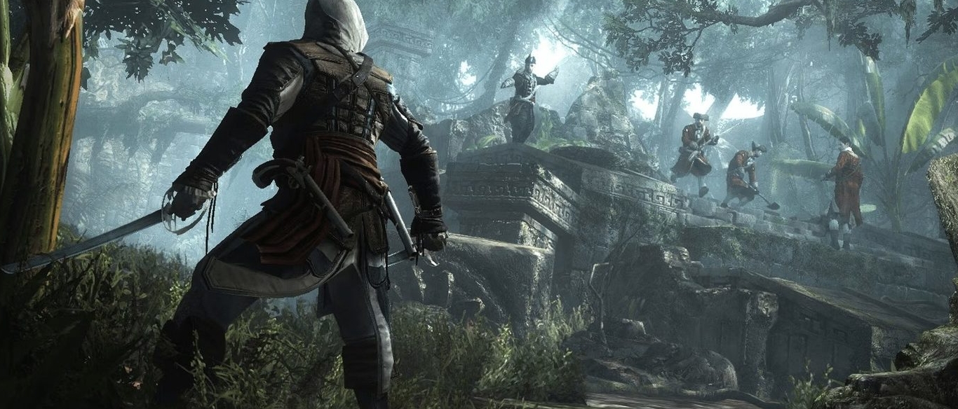 Edward Kenway faces enemies at ancient jungle ruins in Assassin's Creed Black Flag Resynced, showcasing upgraded graphics and the pirate adventure atmosphere