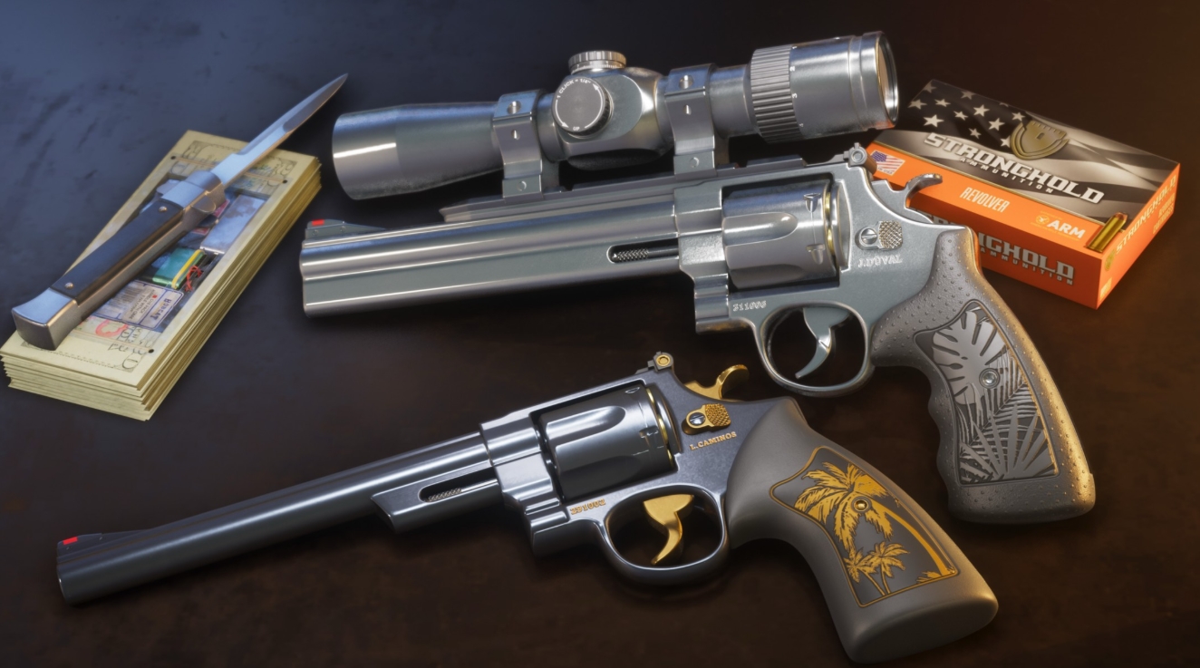 Exclusive revolvers and weapon rewards from the GTA 6 Ultimate Edition displayed alongside cash and gear