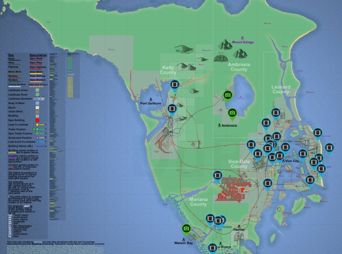 Fan-made GTA 6 map showing Leonida, Vice City, Ambrosia, and other marked locations