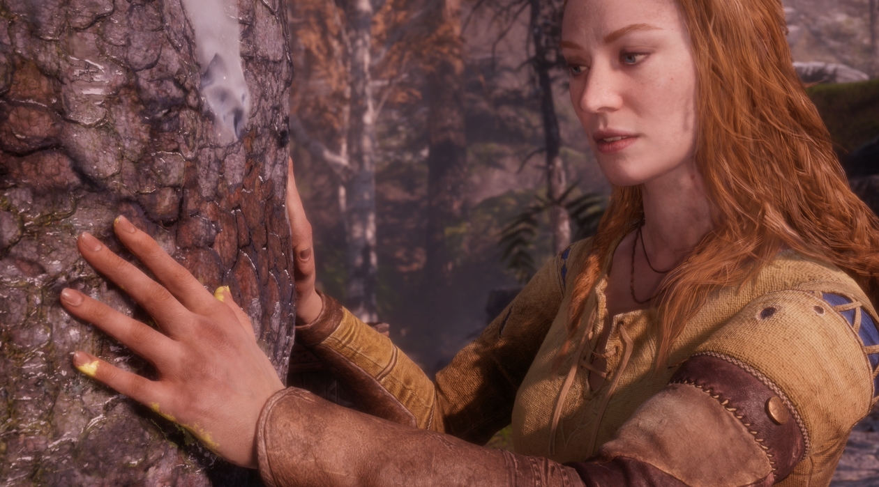 Faye explores an ancient forest in God of War: Laufey while interacting with nature magic and the environment