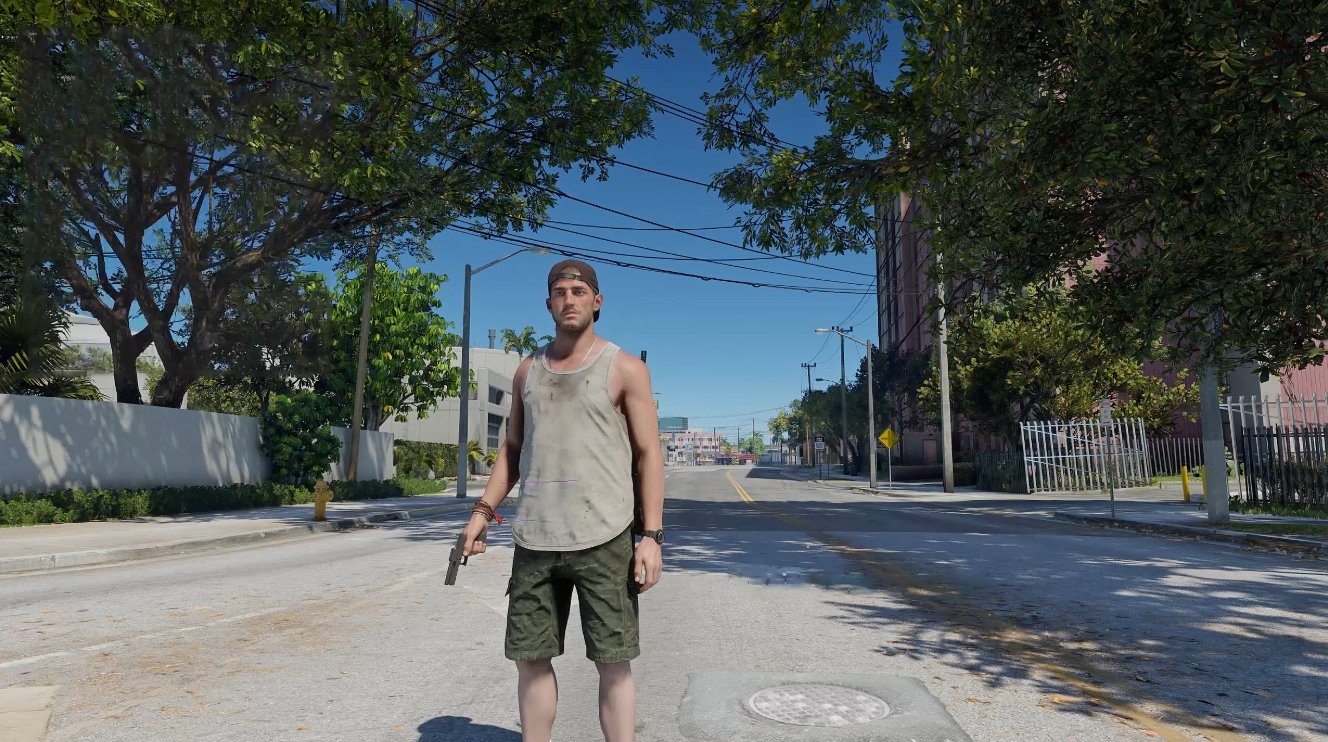GTA VI protagonist standing in a Vice City street as controversy grows over the game's disc-free physical edition