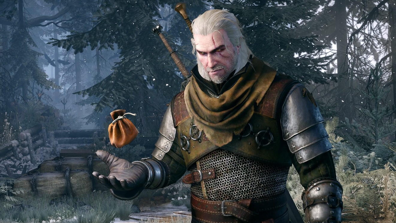 Geralt holding a pouch of coins in a snowy forest in the updated version of The Witcher 3