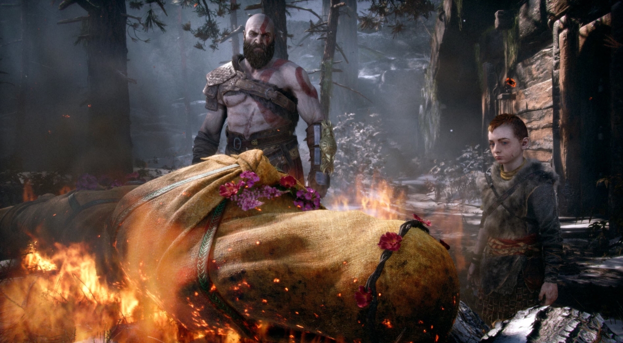 Kratos and Atreus witness Faye's funeral ceremony in an emotional scene from God of War: Laufey