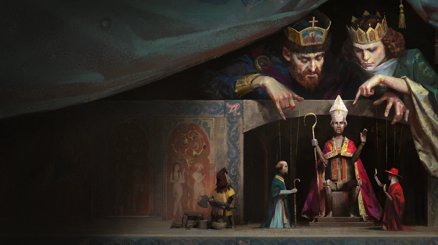 Medieval rulers manipulate a puppet Pope in artwork from Crusader Kings 3 By God Alone