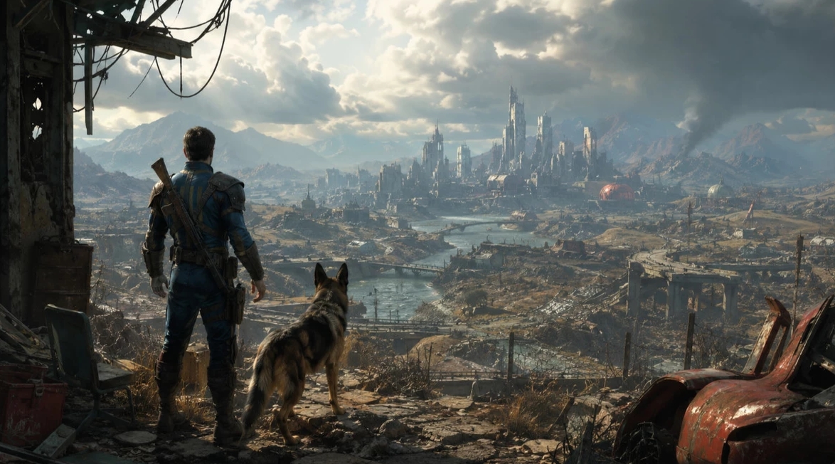 The Fallout protagonist and a canine companion overlook a post-apocalyptic city, symbolizing anticipation for the next entry in the series