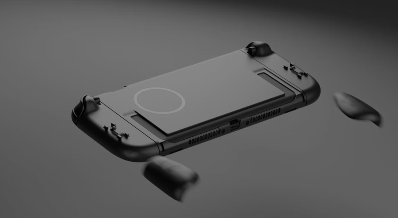 Unofficial render of the Nintendo Switch 2 rear side showcasing the console's design and a possible new LCD display panel