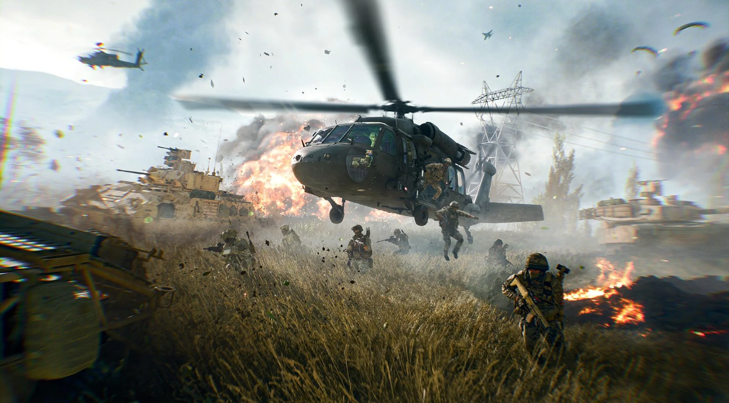 Battlefield 6 REDSEC battle royale — infantry deploying from helicopter during combat, Season 4 proximity chat update