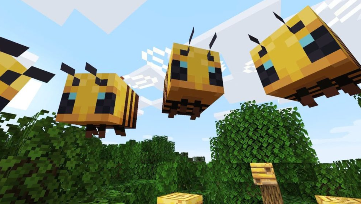 Bees flying above beehives in Minecraft with the latest nature improvements