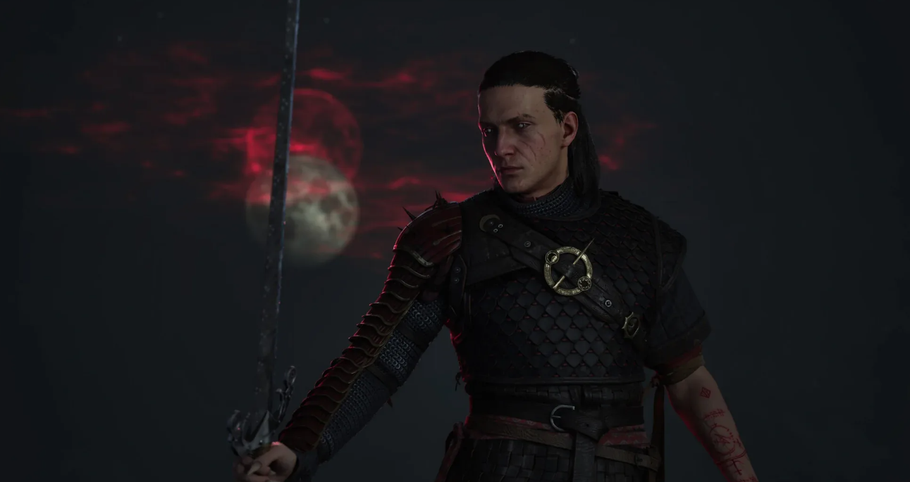 Coen wielding a sword at night in The Blood of Dawnwalker beneath the blood moon