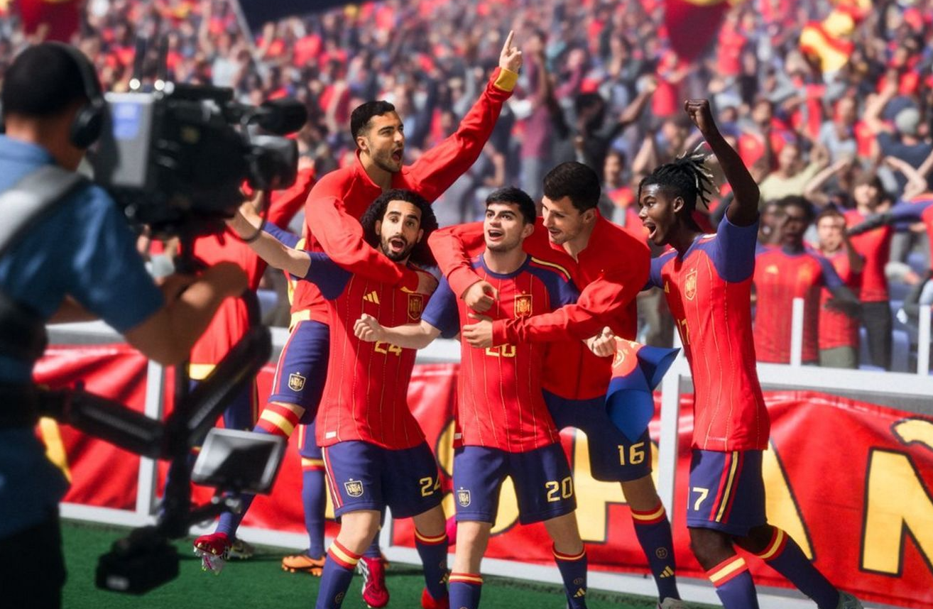 EA Sports FC 26 &mdash; Spain national team celebrates goal on stadium pitch, World Cup final simulation screenshot