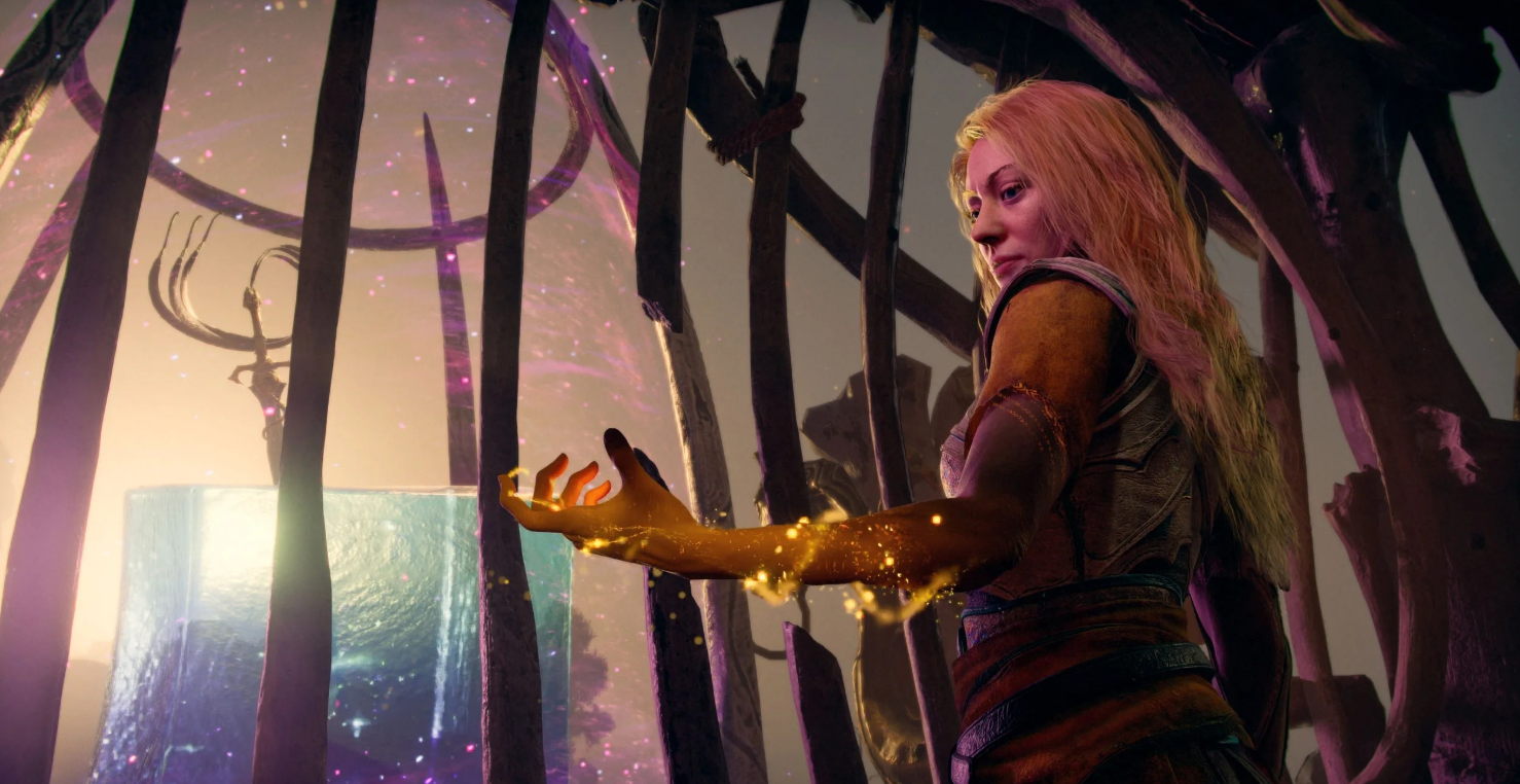 Faye uses magical power during a story scene in God of War Laufey