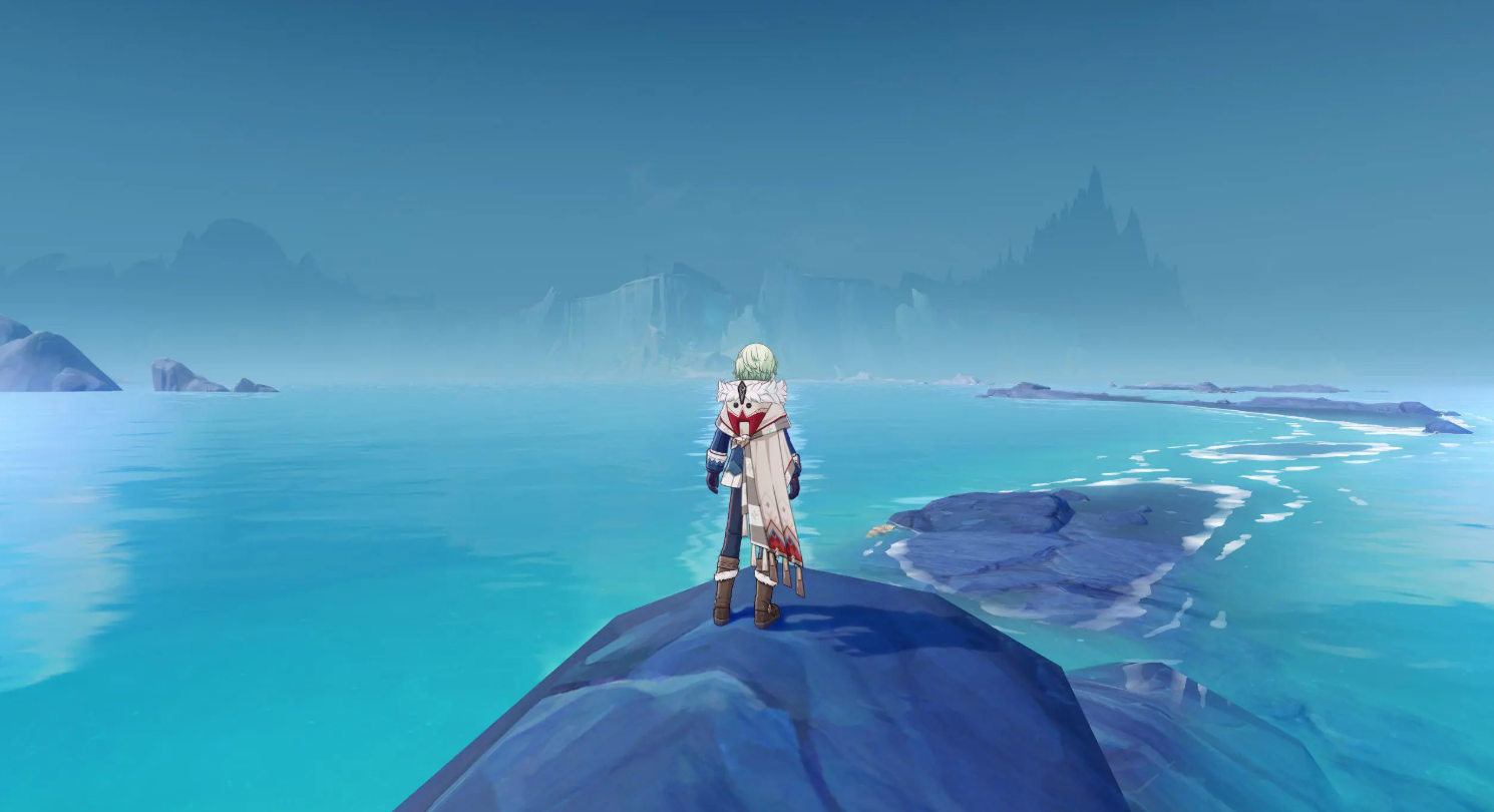 Genshin Impact &mdash; the Traveler overlooking Snezhnaya's icy waters, the region finally opening after six years of anticipation
