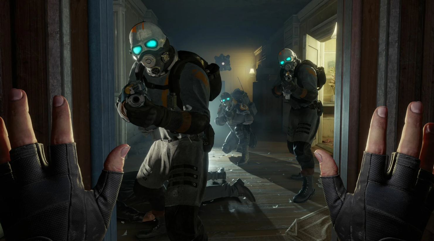 Half-Life: Alyx &mdash; Combine soldiers storming a hallway, first-person view from Valve's VR title