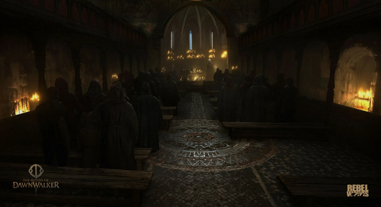 Medieval cathedral and townsfolk in The Blood of Dawnwalker