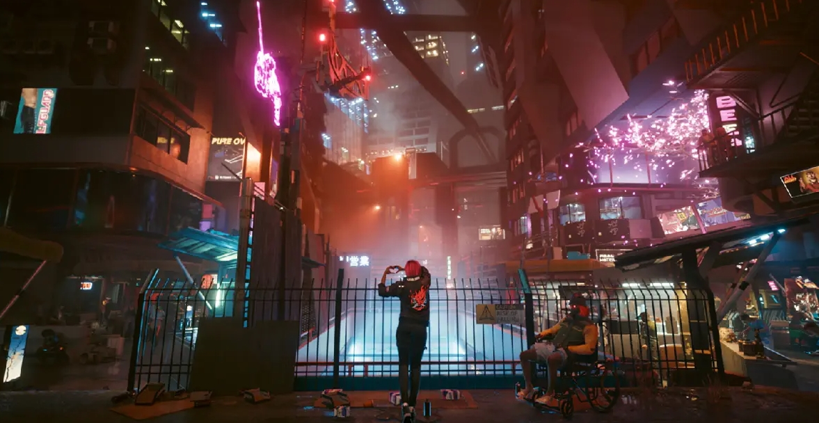 Night City in Cyberpunk 2077 with neon-lit streets and a character overlooking the canal