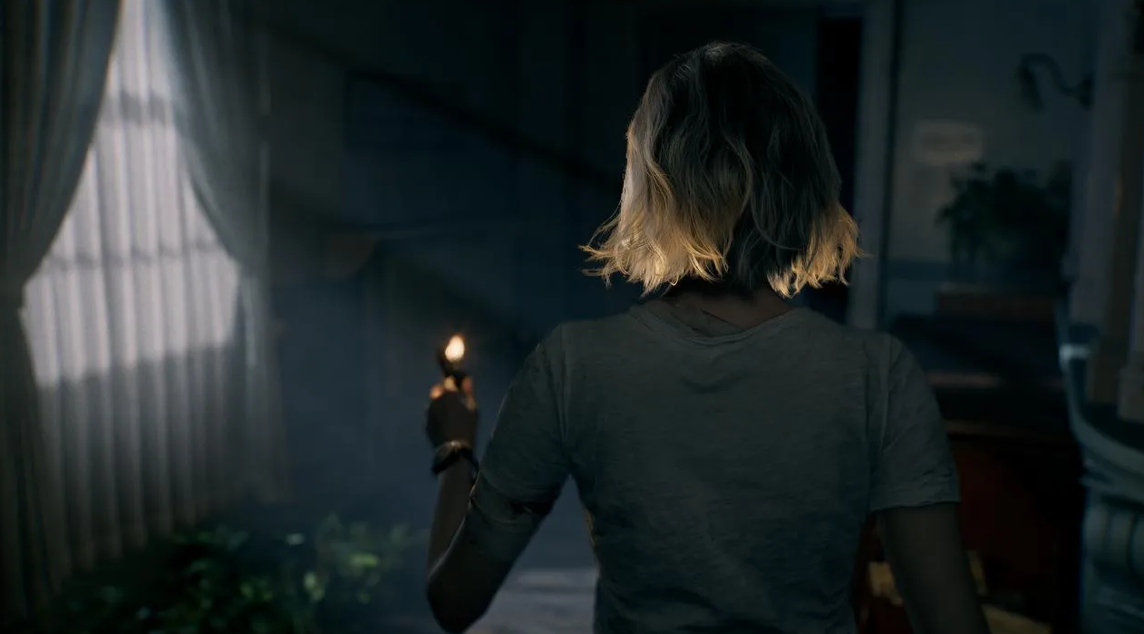 Resident Evil Requiem &mdash; Grace Ashcroft walking through a dark hotel corridor, lighter in hand