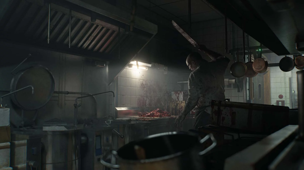 Resident Evil Requiem &mdash; enemy wielding a cleaver in a blood-stained hotel kitchen, survival horror gameplay scene