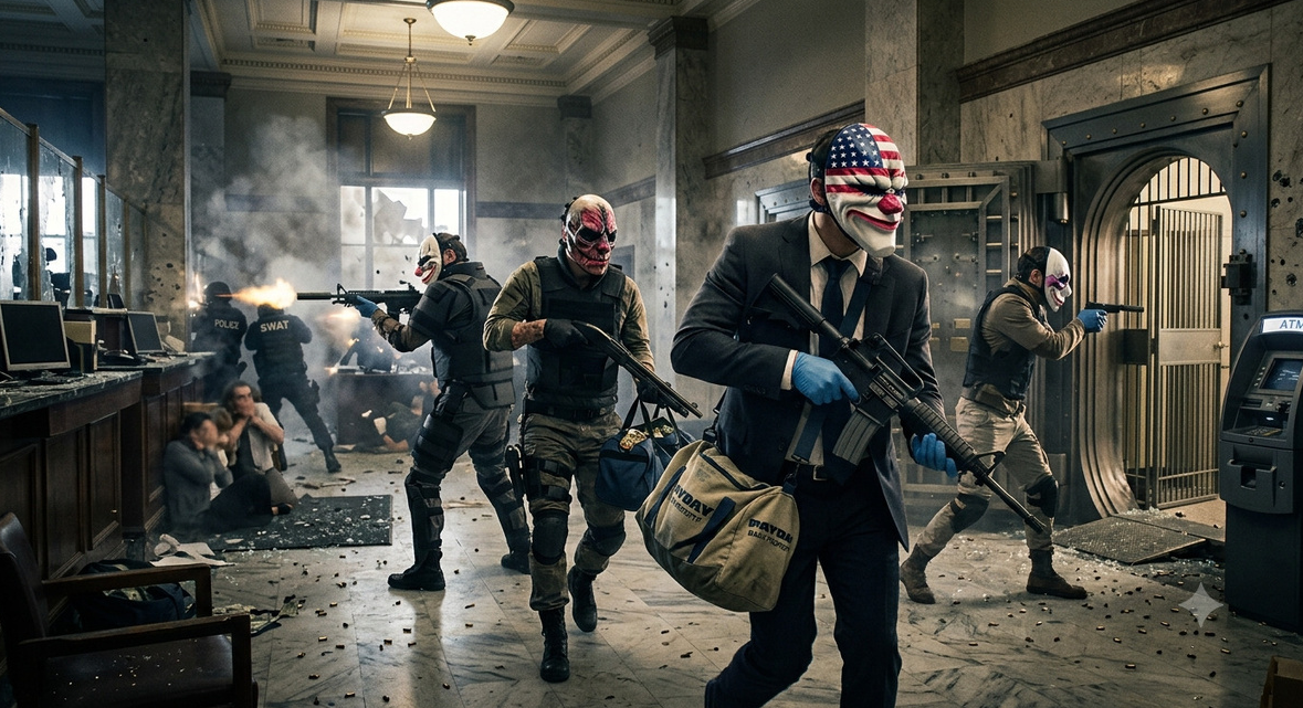 A bank heist in progress — masked robbers with weapons and cash bags running past a SWAT shootout — scene from Payday 2