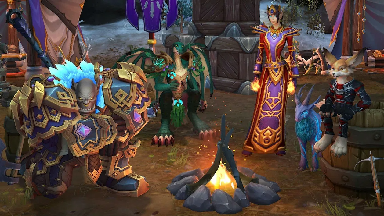 A diverse group of World of Warcraft characters — an orc warrior, a dragon, an elf mage, and companion pets — gathered around a campfire, illustrating article on the disconnect bug in patch 12.1