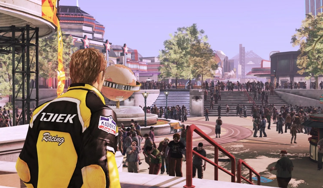 Chuck Greene exploring the crowded Fortune City in Dead Rising 2