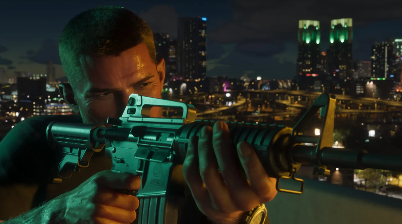 GTA VI — character aiming a rifle against the Vice City night skyline, console version expected to launch ahead of PC