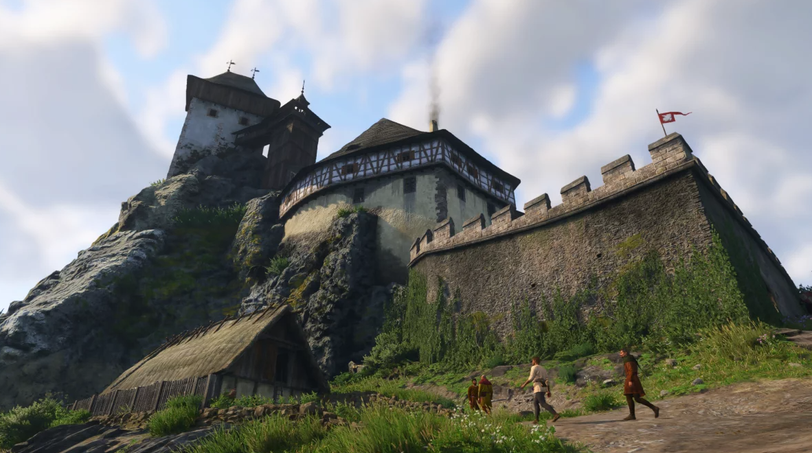 Medieval castle on a rocky cliff with fortress walls and villagers below — 15th-century historical Bohemia setting from Kingdom Come: Deliverance