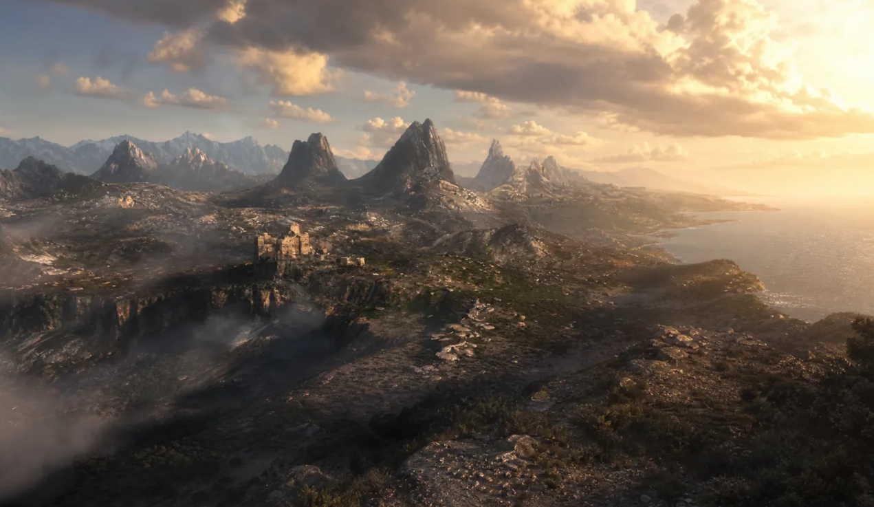 Panoramic view of mountain peaks, fortress ruins, and a coastline at sunset — conceptual landscape artwork from The Elder Scrolls VI