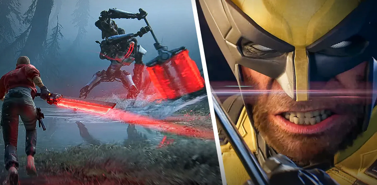 Split-image collage featuring a character wielding a glowing red sword against a robotic enemy in a foggy forest, and a close-up of Wolverine in his yellow-and-blue mask — illustrating article on Sony's PlayStation exclusive release date shifts