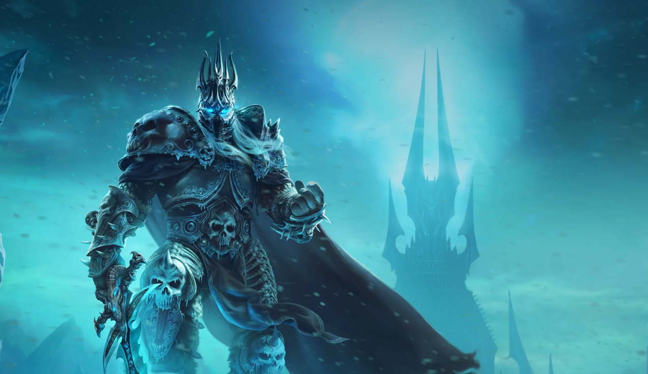 The Lich King in spiked armor with glowing blue eyes against the icy Northrend citadel — World of Warcraft artwork illustrating article on the Curse of Ula'tek update