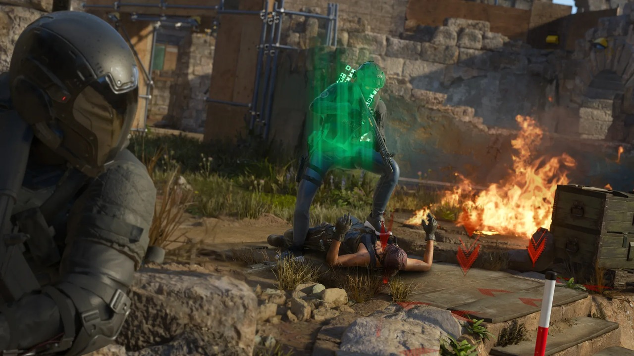 Operators fight a burning enemy in Black Ops 7