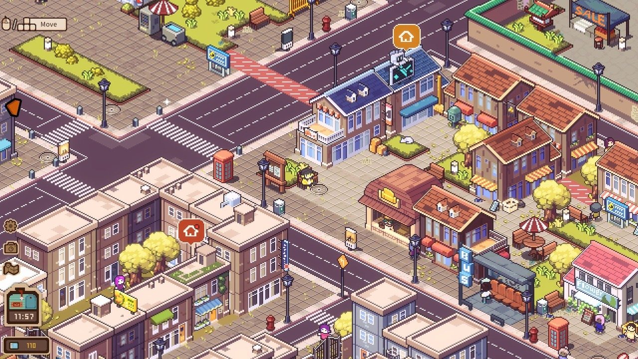 A street in Whisper Town with shops and autumn leaves