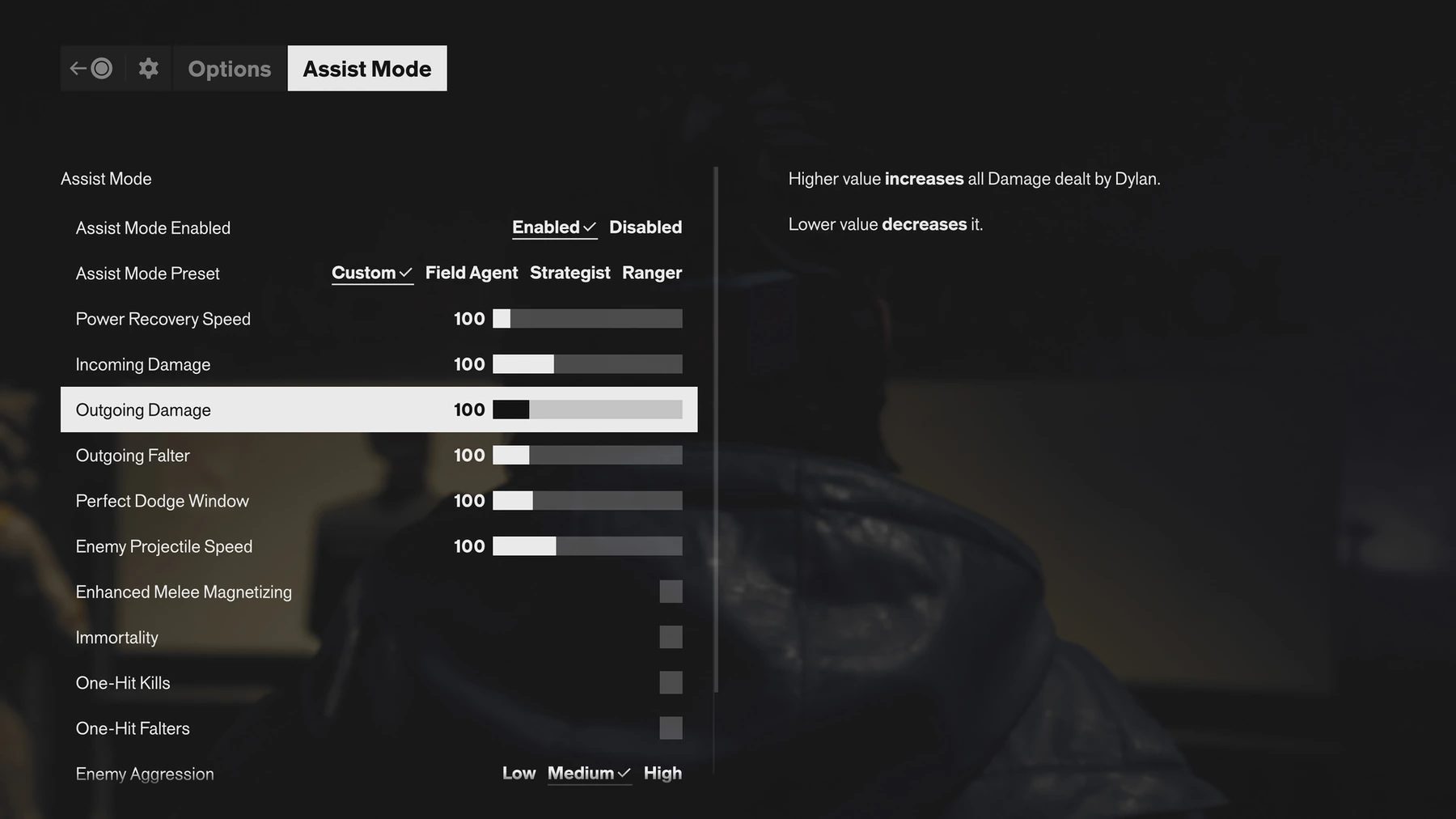 Remedy's preview of the Assist Mode settings.